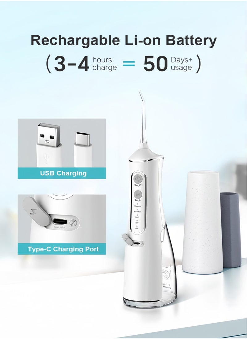 Portable Water Dental Flosser With 2 Tooth Whitening Strips For Teeth Cleaning Dental Oral Irrigator With 4 Modes Scalable 4 Jet Nozzles IPX7 Water Resistance 300ML