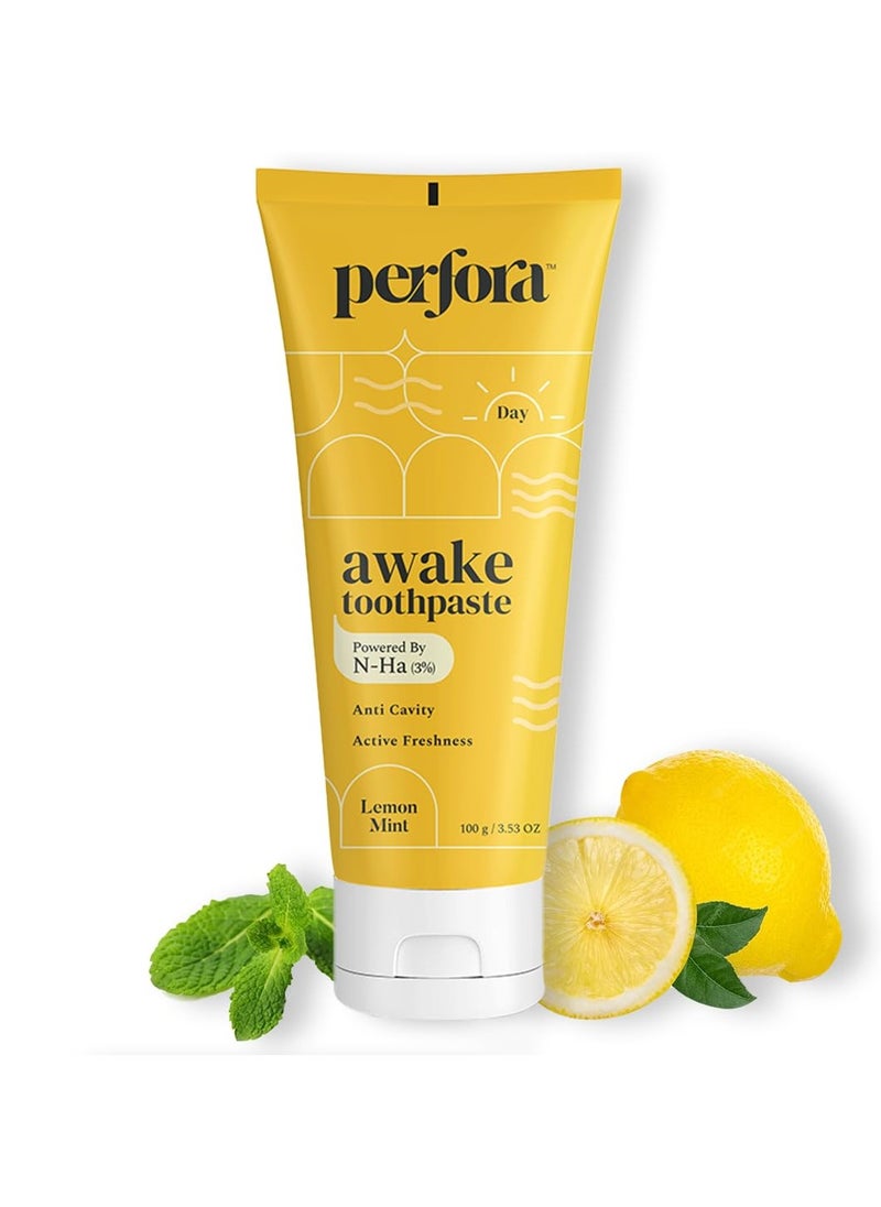 Perfora Awake Toothpaste - 100g | Active Freshness & Cavity Prevention | Fluoride & SLS Free | N-Ha for Teeth Remineralization | Healthy Gums & Oral Care | Lemon Mint Flavor