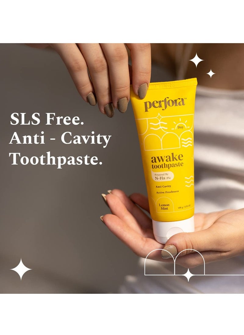 Perfora Awake Toothpaste - 100g | Active Freshness & Cavity Prevention | Fluoride & SLS Free | N-Ha for Teeth Remineralization | Healthy Gums & Oral Care | Lemon Mint Flavor