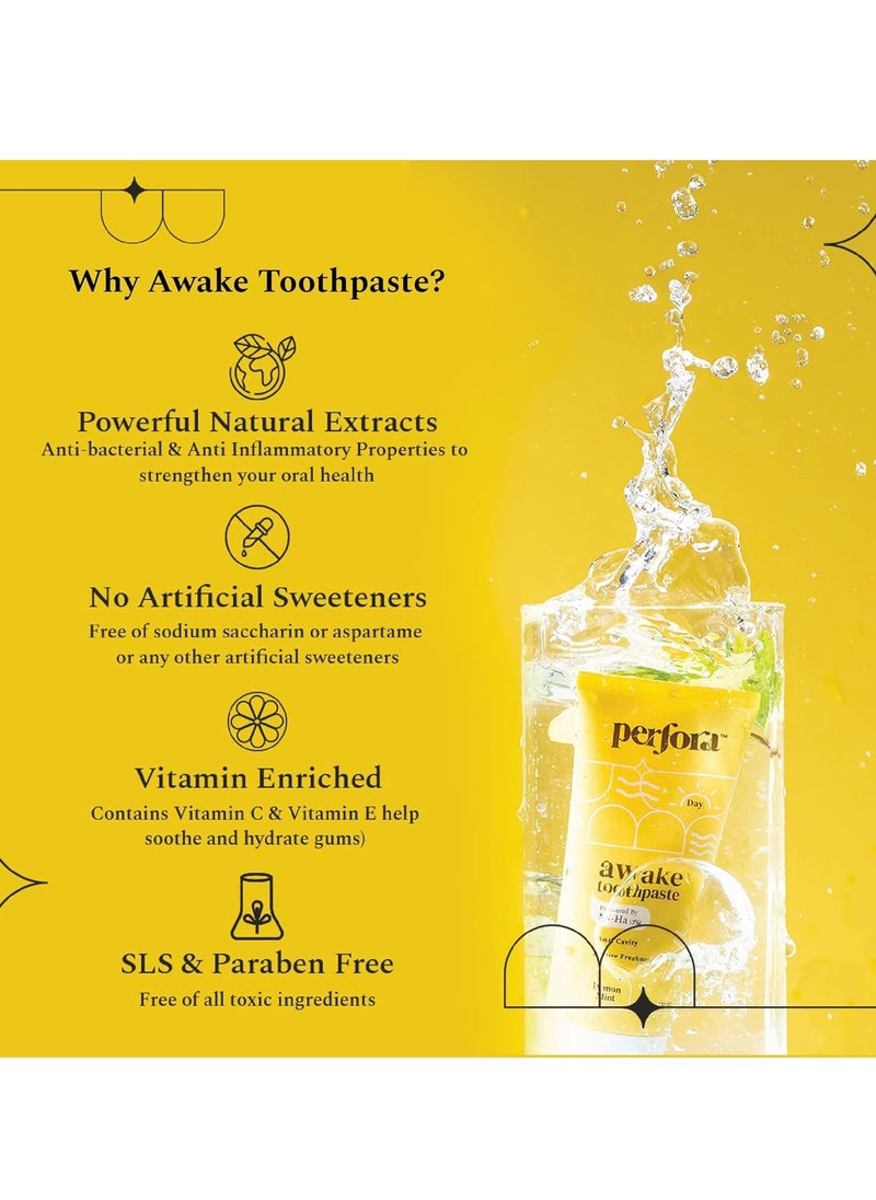 Perfora Awake Toothpaste - 100g | Active Freshness & Cavity Prevention | Fluoride & SLS Free | N-Ha for Teeth Remineralization | Healthy Gums & Oral Care | Lemon Mint Flavor
