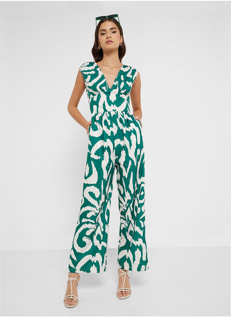 Plunge Neck Printed Wide Leg Jumpsuit