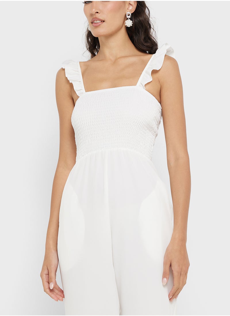 Ruffle Strap Smocked Wide Leg Jumpsuit