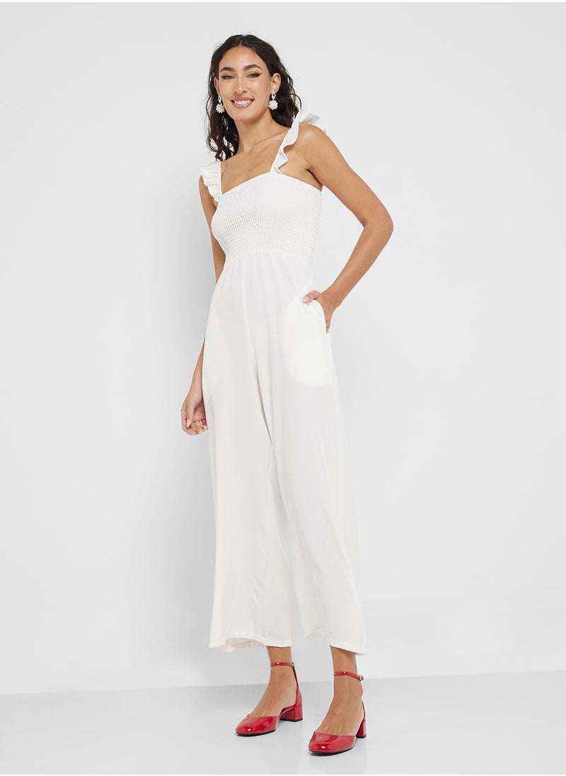 Ruffle Strap Smocked Wide Leg Jumpsuit
