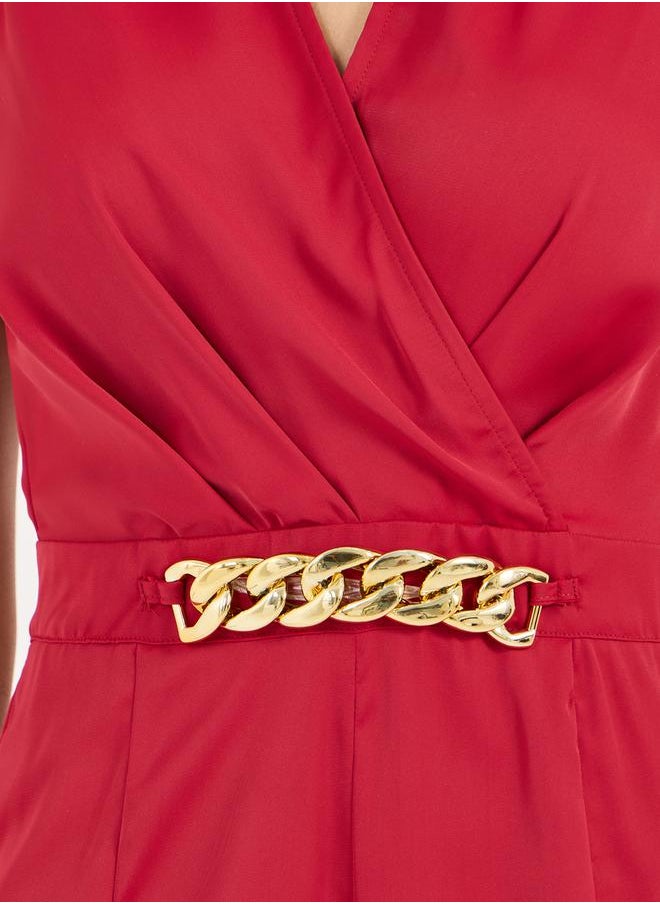 Solid V Neck Sleeveless Jumpsuit with Metal Buckle Detail