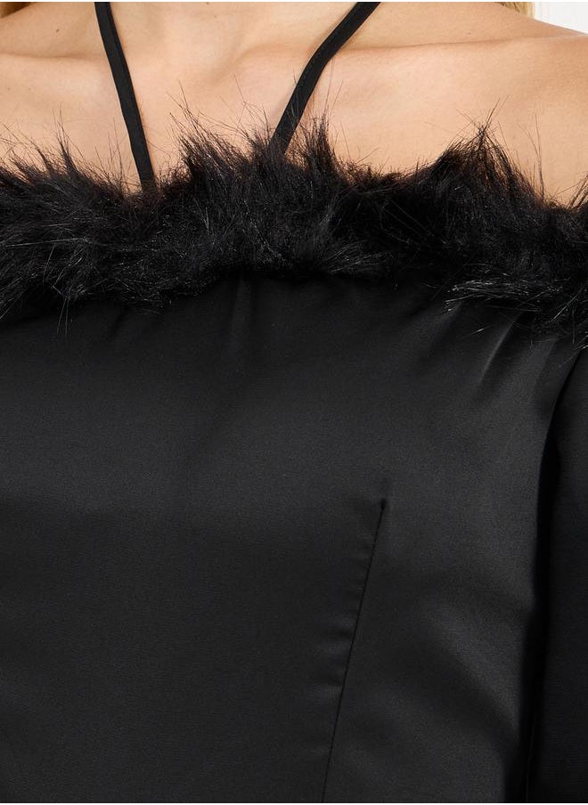 Styli Faux Feather Trim Wide Leg Jumpsuit