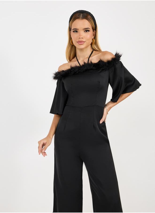Styli Faux Feather Trim Wide Leg Jumpsuit