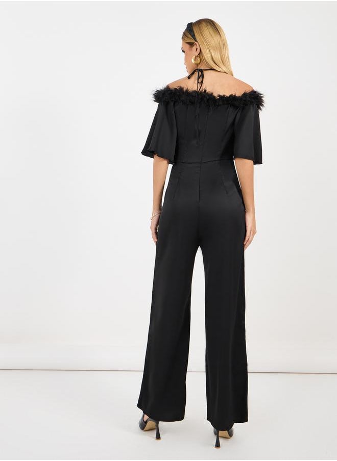 Styli Faux Feather Trim Wide Leg Jumpsuit