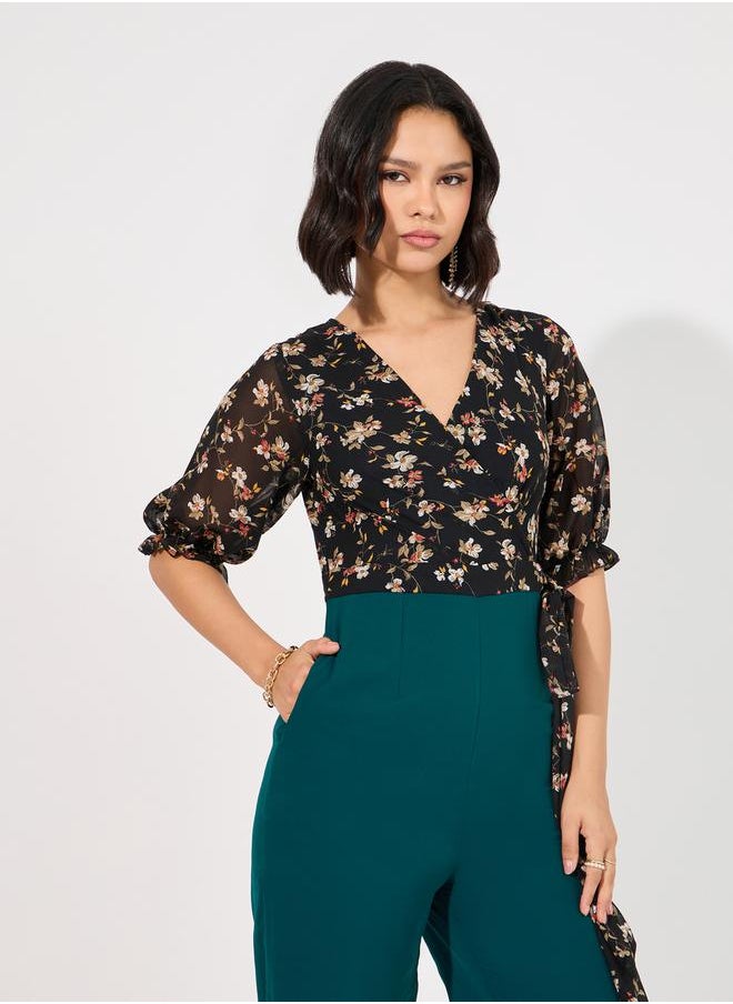 Wide Leg Front Wrap Floral Print Jumpsuit