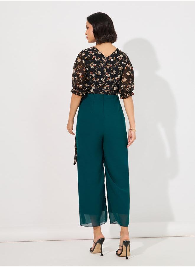 Wide Leg Front Wrap Floral Print Jumpsuit