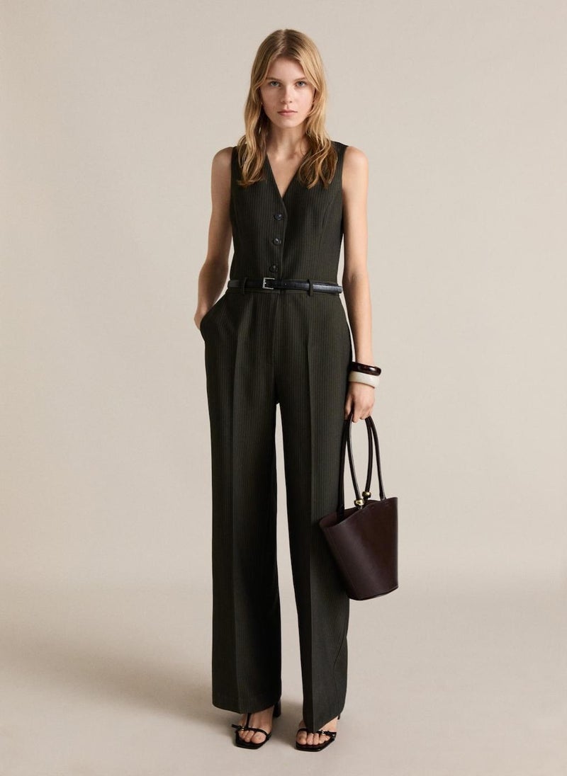 Pinstripe Belt Jumpsuit