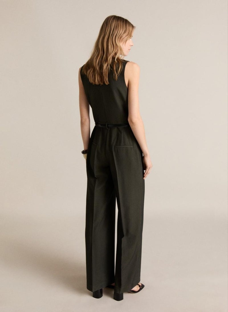 Pinstripe Belt Jumpsuit