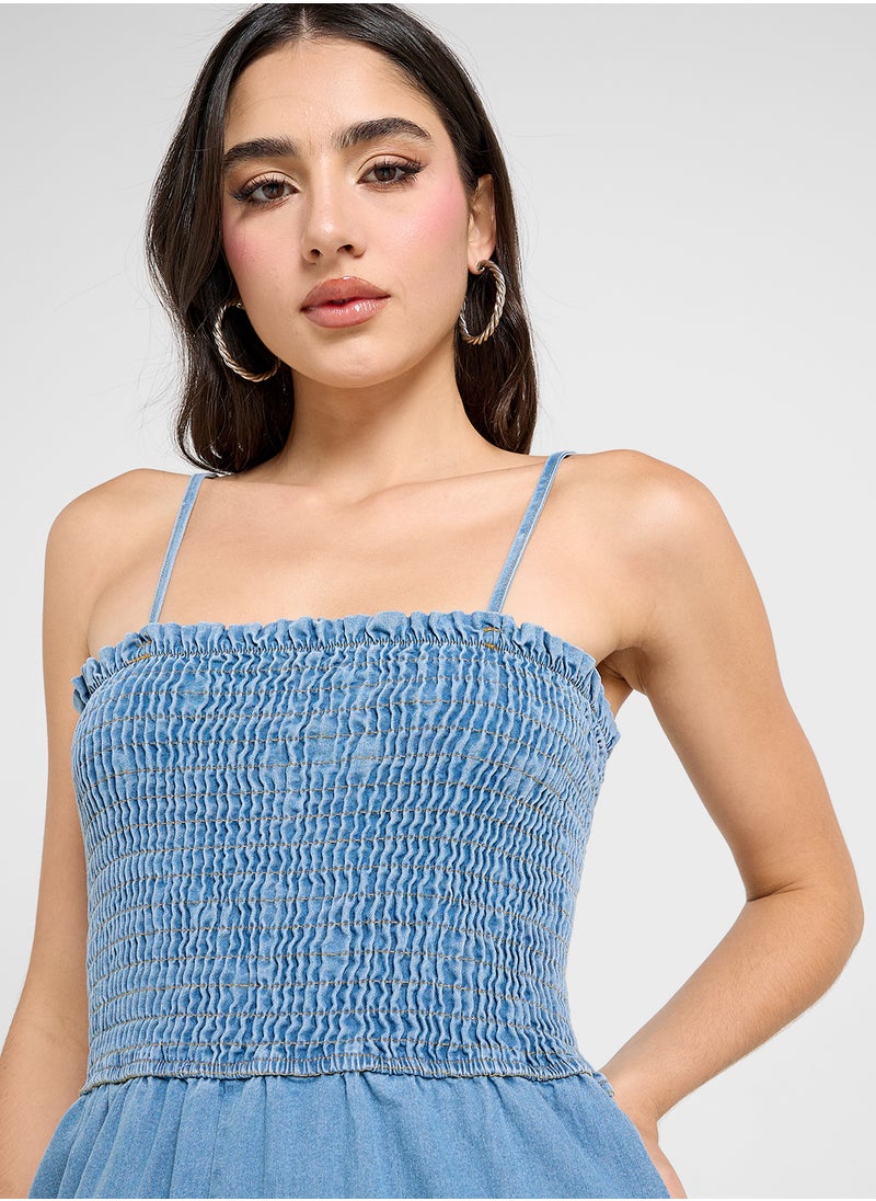 Shirred Denim Playsuit