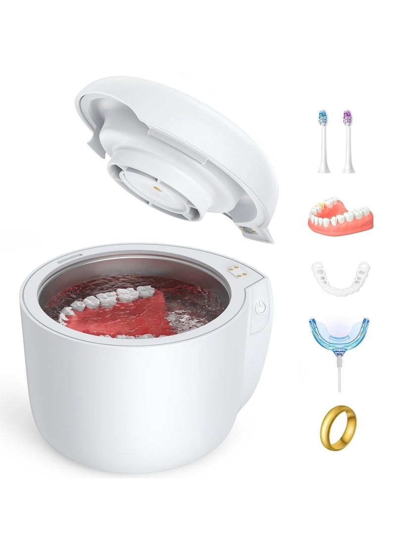 Ultrasonic Retainer Cleaner, 45kHz Dentures Cleaning Machine with Fan, Portable Retainer Cleaner Machine, Jewelry Cleaner Machine, for Dentures, Retainer, Aligner, Braces, Mouth Guard(White)