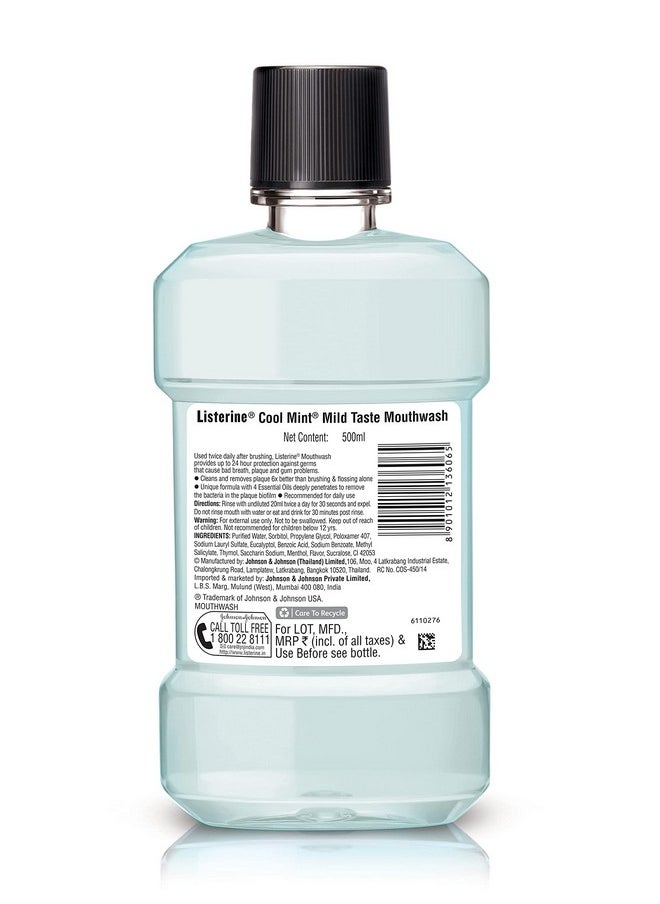 Listerine Cool Mint Mild Taste Mouthwash Liquid, Removes 99.9% Germs, 500ml (Pack of 1)