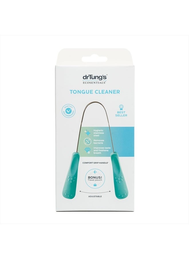 DrTung's Stainless Tongue Scraper - Tongue Cleaner for Adults, Kids, Helps Freshens Breath, Easy to Use Comfort Grip Handle, Comes with Fabric Travel Pouch - Stainless Steel Tongue Scrapers, (1 Count)