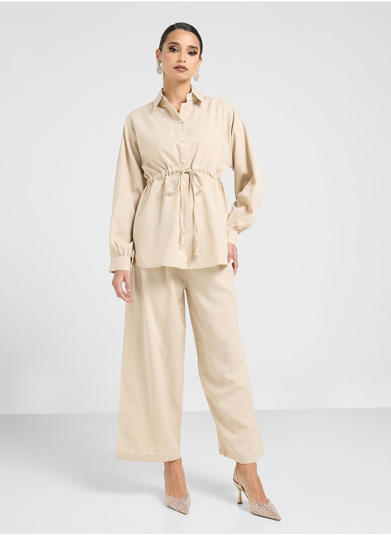 Button Down Drawstring Blouse & Pants Set
