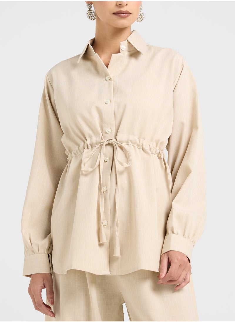 Button Down Drawstring Blouse & Pants Set