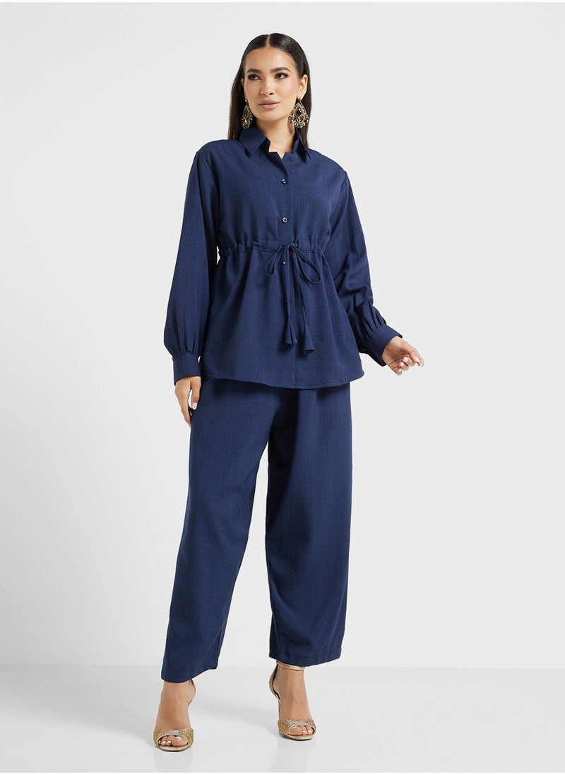 Button Down Drawstring Blouse & Pants Set