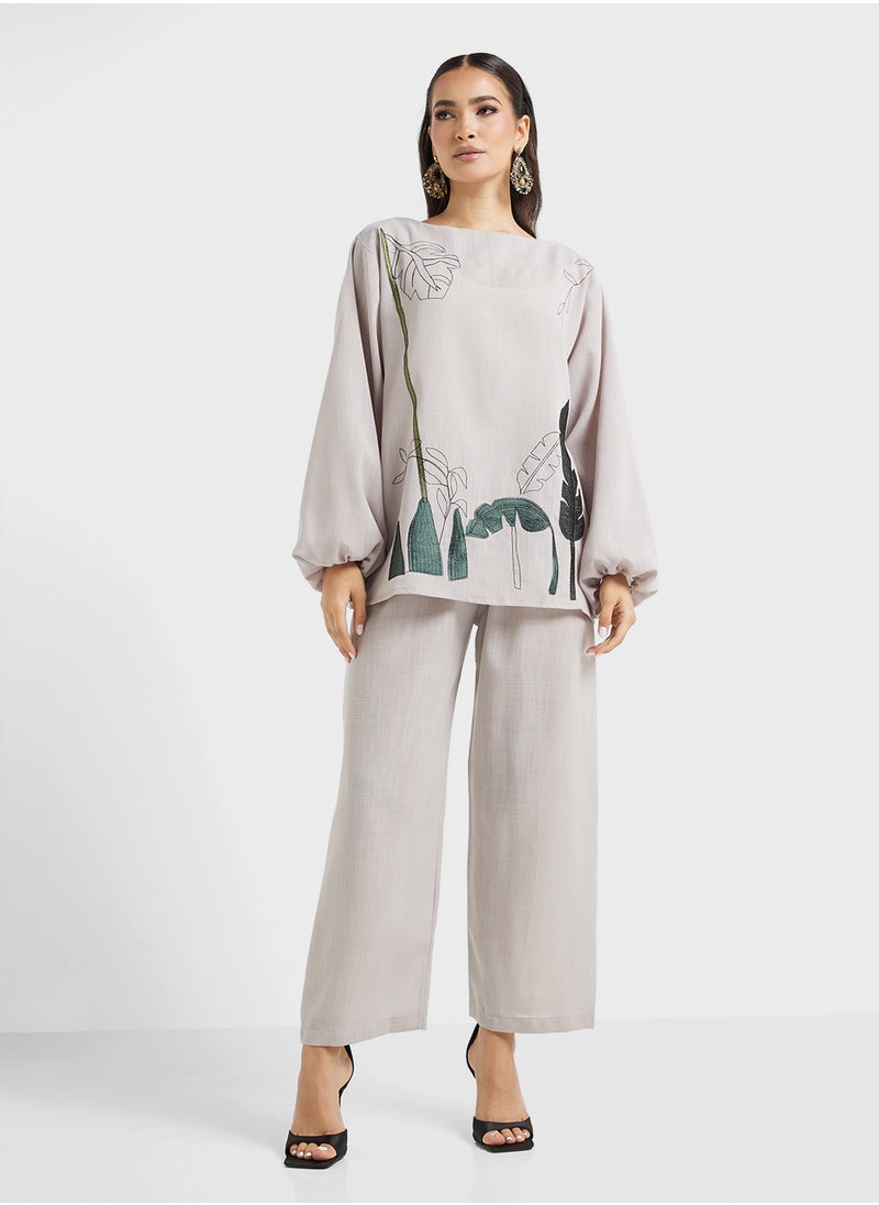 Embroidered Blouse & Pants Set
