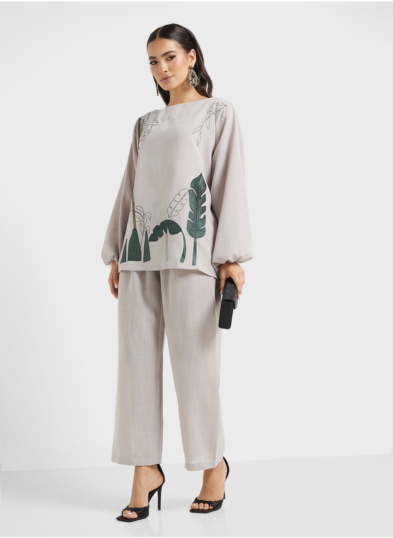 Embroidered Blouse & Pants Set