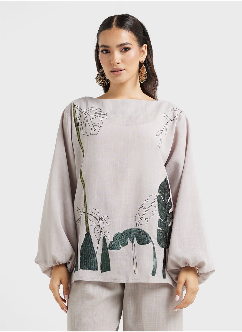 Embroidered Blouse & Pants Set