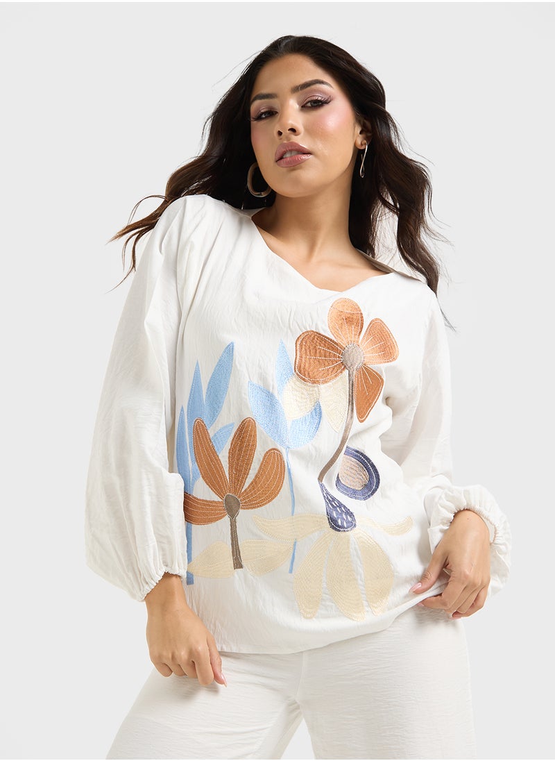 Embroidered Blouse & Pants Set