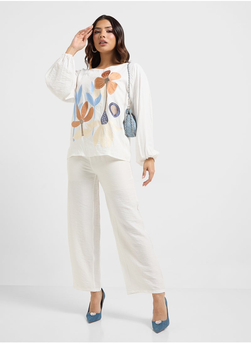 Embroidered Blouse & Pants Set