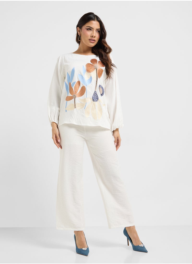 Embroidered Blouse & Pants Set