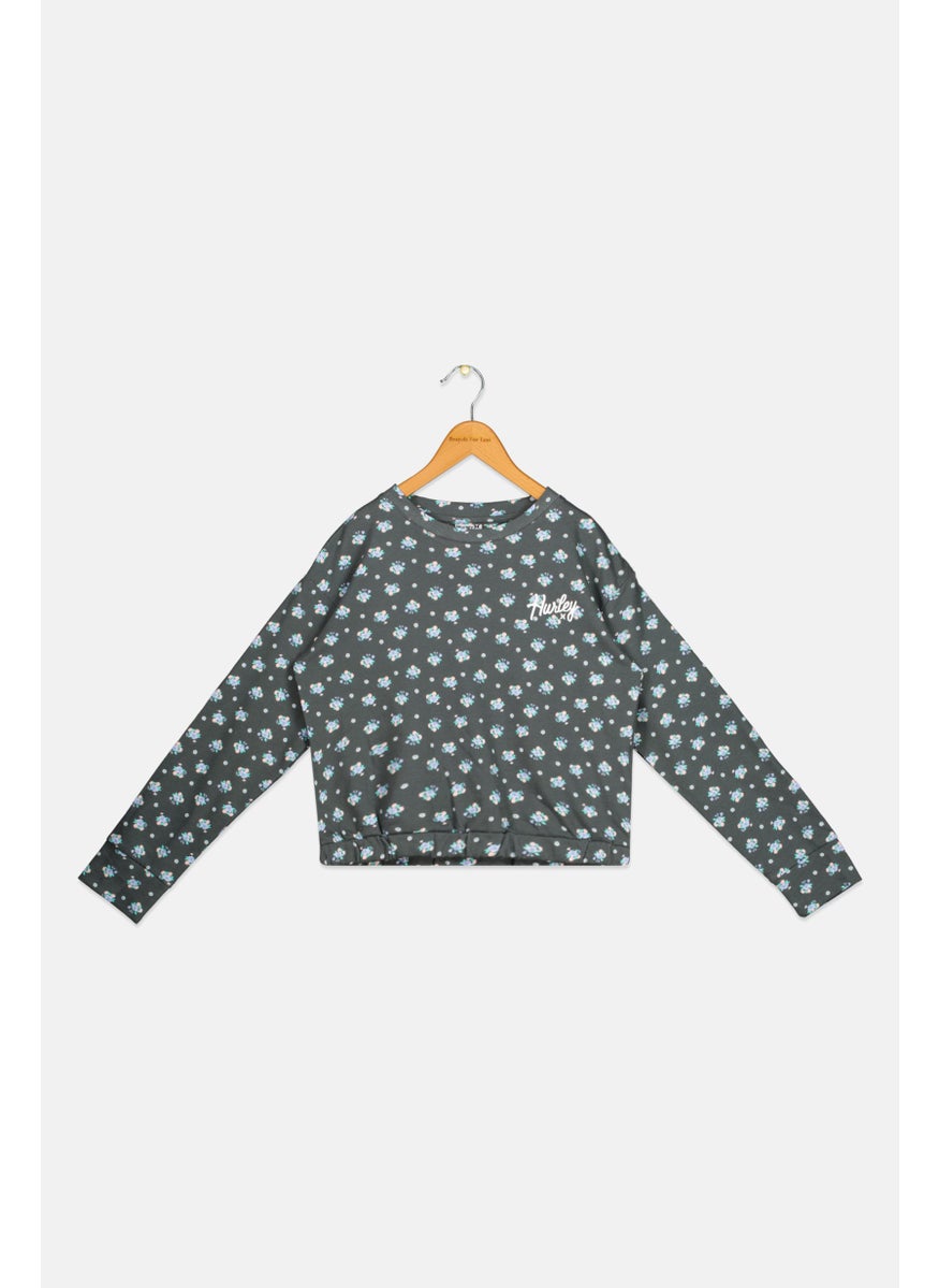 Kids Girl Long Sleeves Floral Print Sweatshirt, Dark Grey Combo