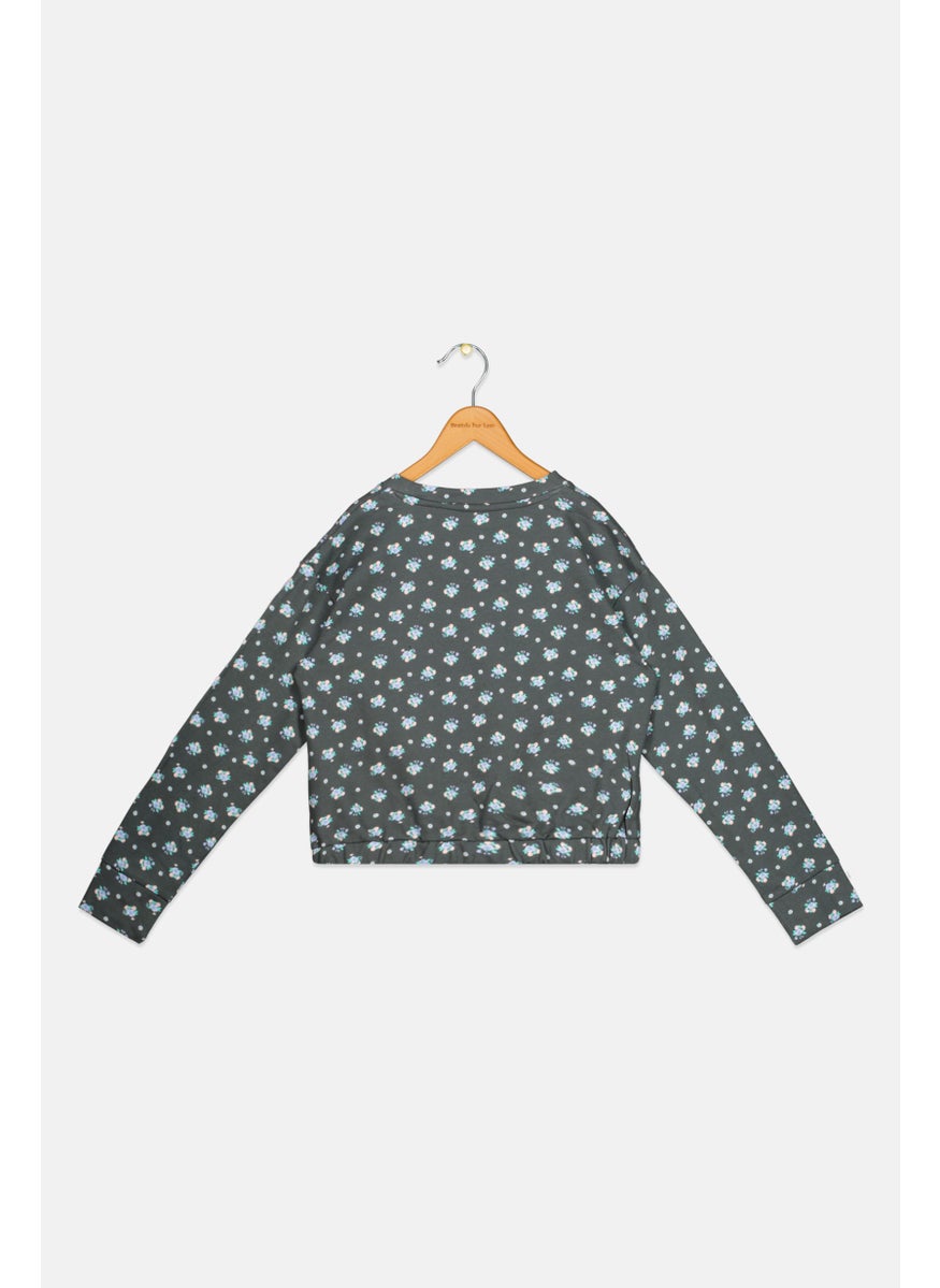 Kids Girl Long Sleeves Floral Print Sweatshirt, Dark Grey Combo