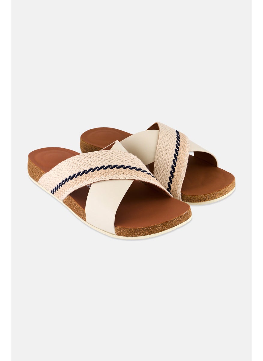 Men Slip On Leather Cross Slides , Beige