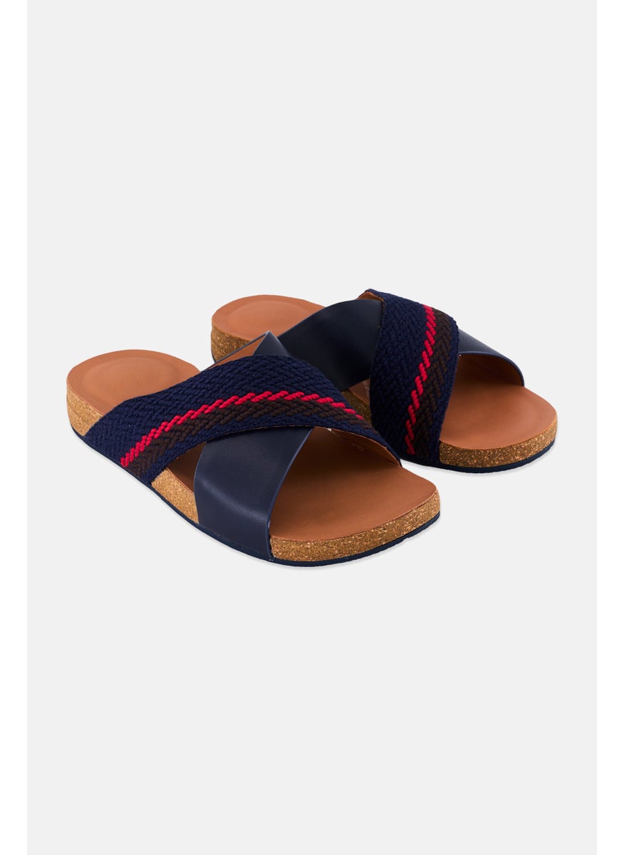 Men Slip On Leather Cross Slides, Navy