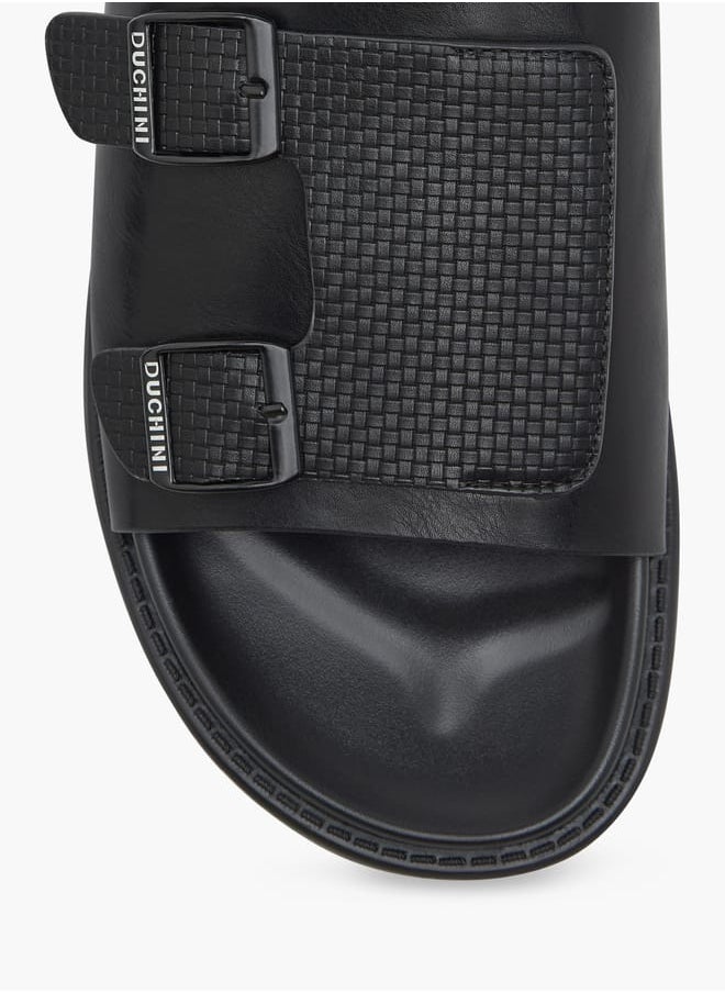 Men's Textured Slip-On Cross Strap Sandals with Buckle Detail