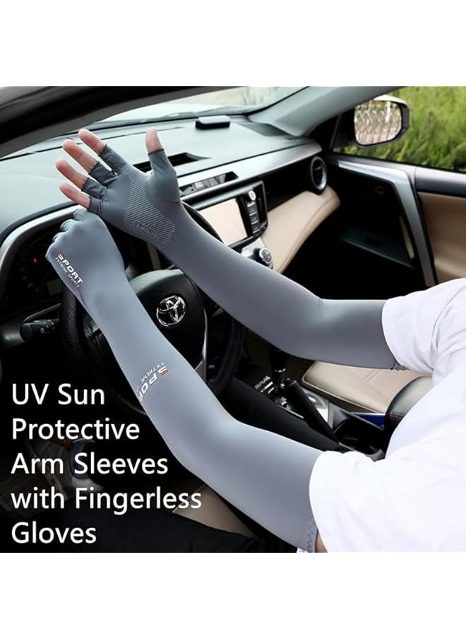 Sun Protective Arm Sleeves with Fingerless Gloves for Men and Women, Cooling Ice Silk Arm Cover Up Outdoor Sports Sleeves for Arm Protection