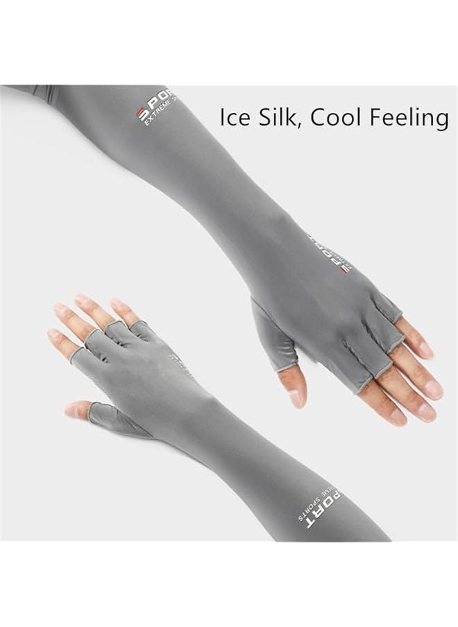 Sun Protective Arm Sleeves with Fingerless Gloves for Men and Women, Cooling Ice Silk Arm Cover Up Outdoor Sports Sleeves for Arm Protection