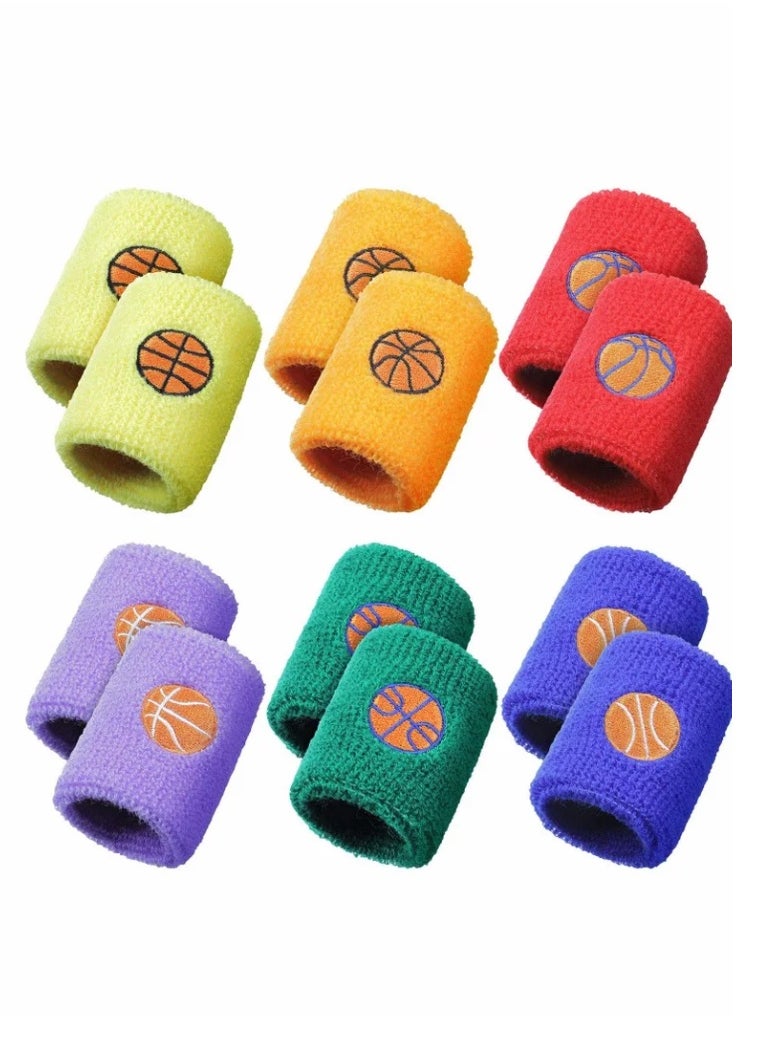 Sports Wristbands for Kids, Colorful Wrist Sweatbands Cotton Terry Cloth with 6 Basketball Design School Students Teacher Party Birthday Favors (6 Colors 12 Pcs)