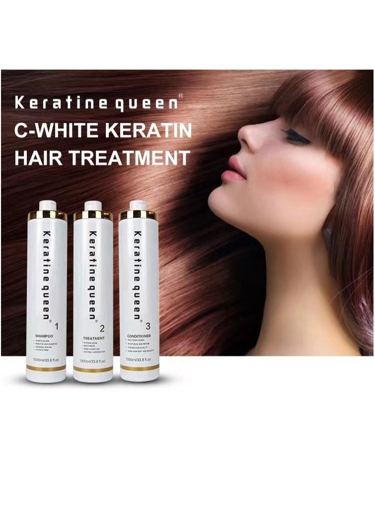 KERATINE QUEEN WHITE BOTTELS (SET 3 IN 1) SHAMPOO , CONDITIONER & KERATIN TREATMENT 1000ML