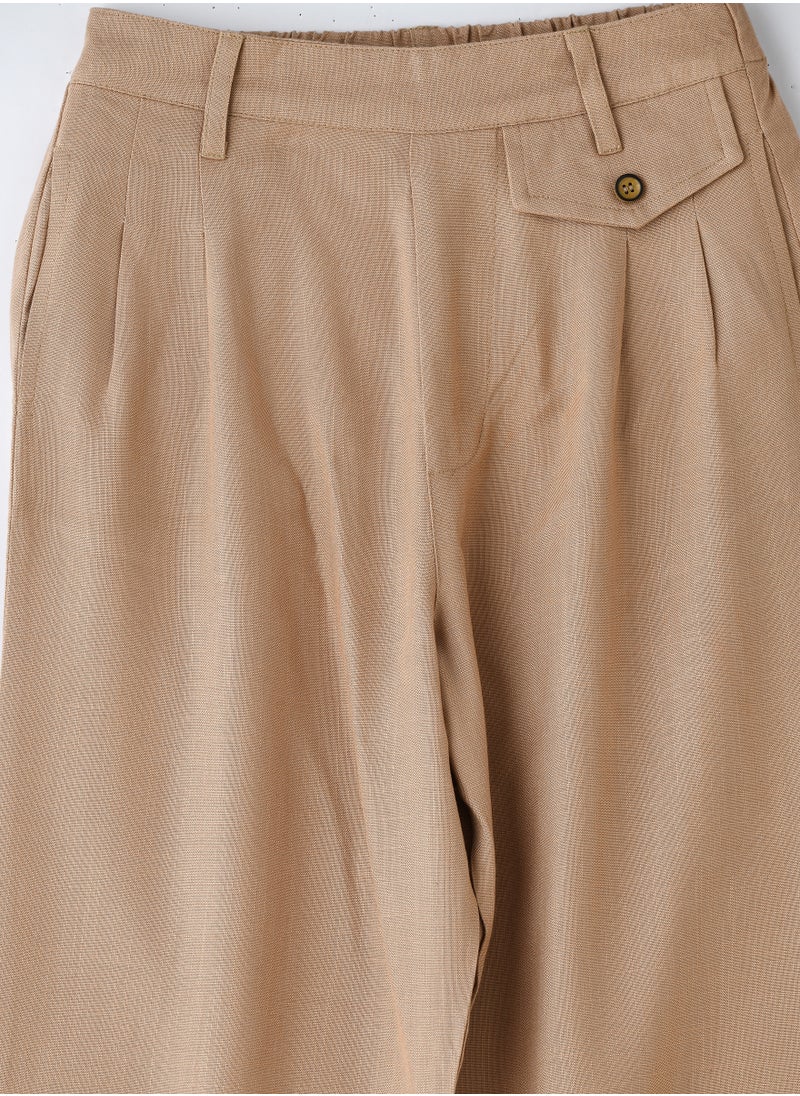 Girls' Pleated Beige Pants with Button Detail