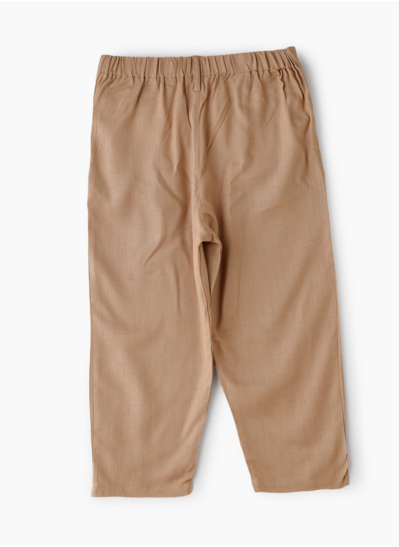 Girls' Pleated Beige Pants with Button Detail