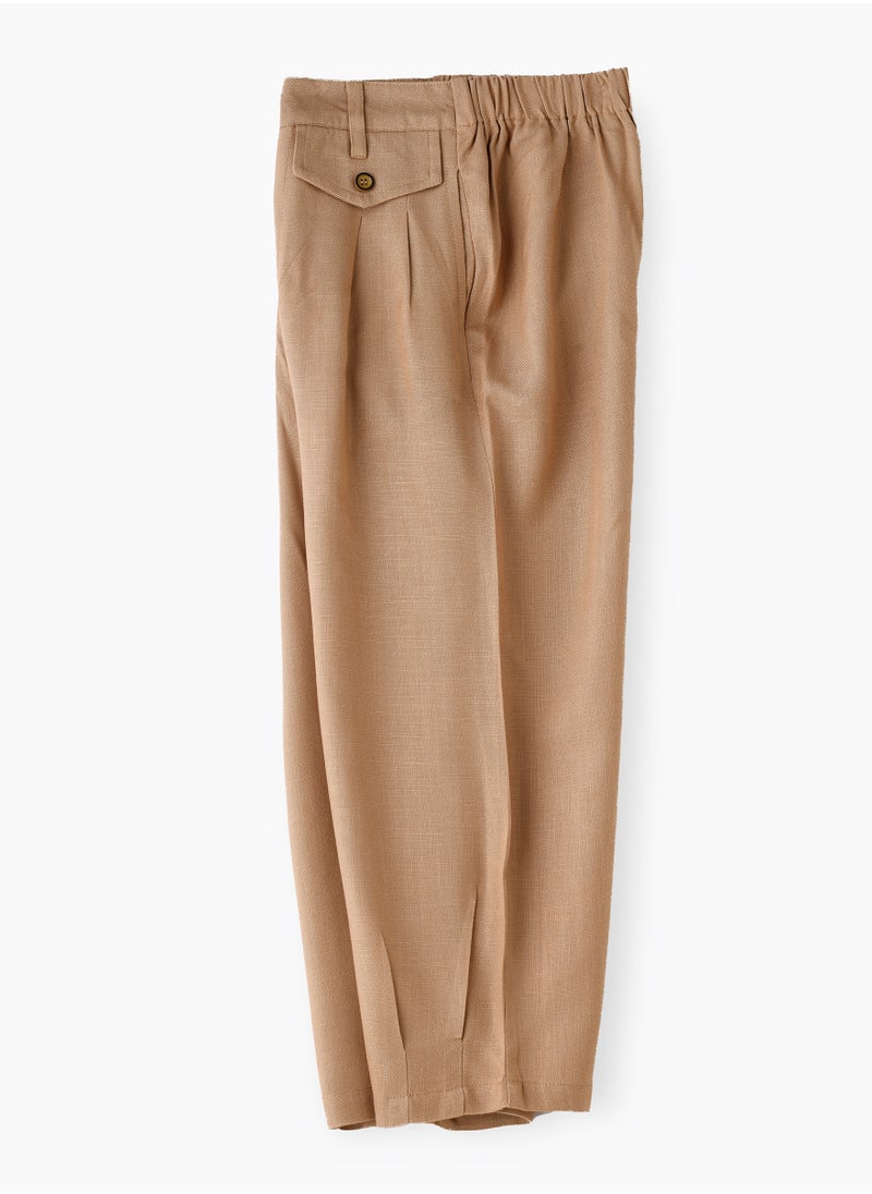Girls' Pleated Beige Pants with Button Detail