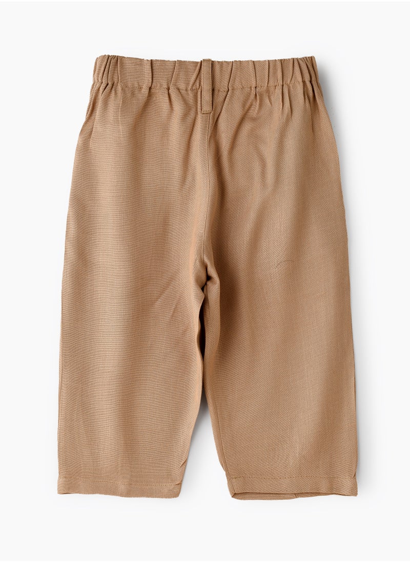 Girls' Pleated Beige Pants with Button Detail