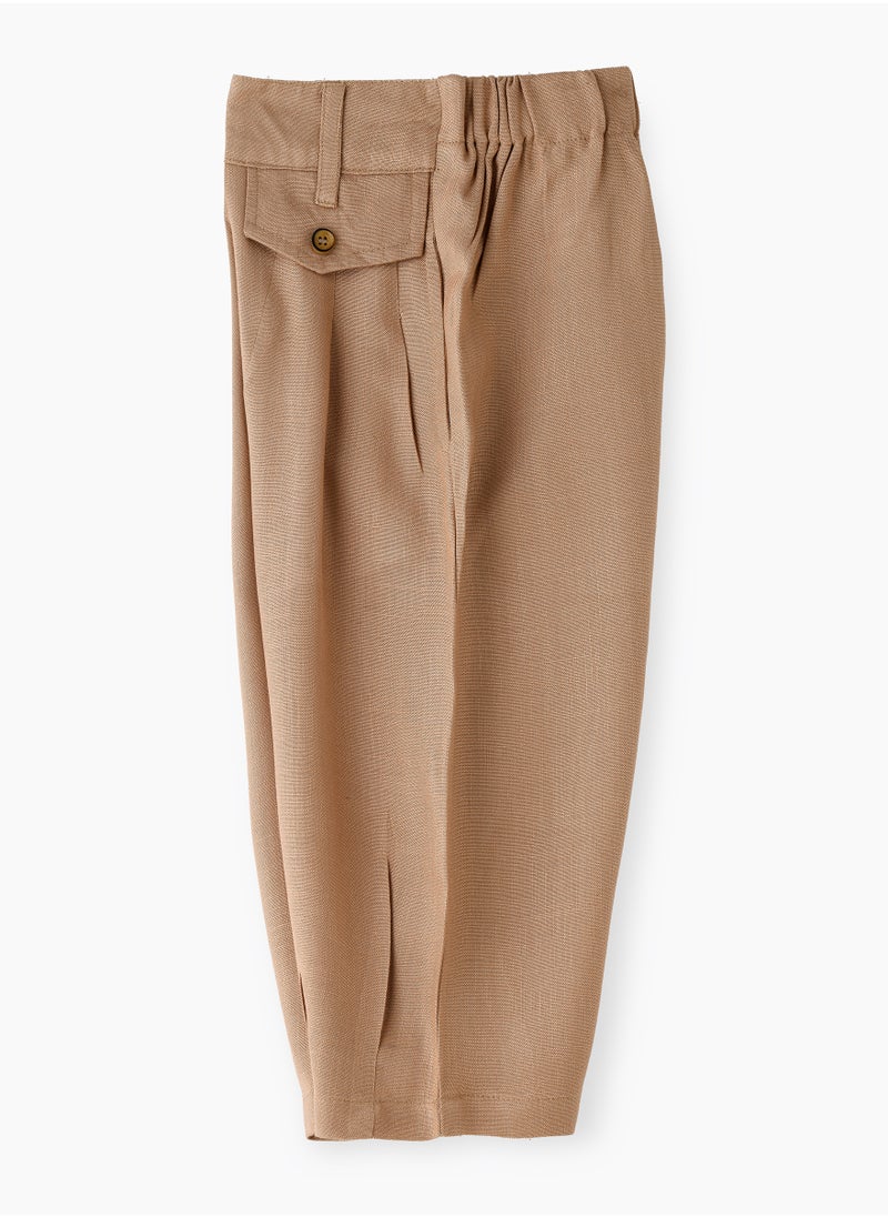 Girls' Pleated Beige Pants with Button Detail
