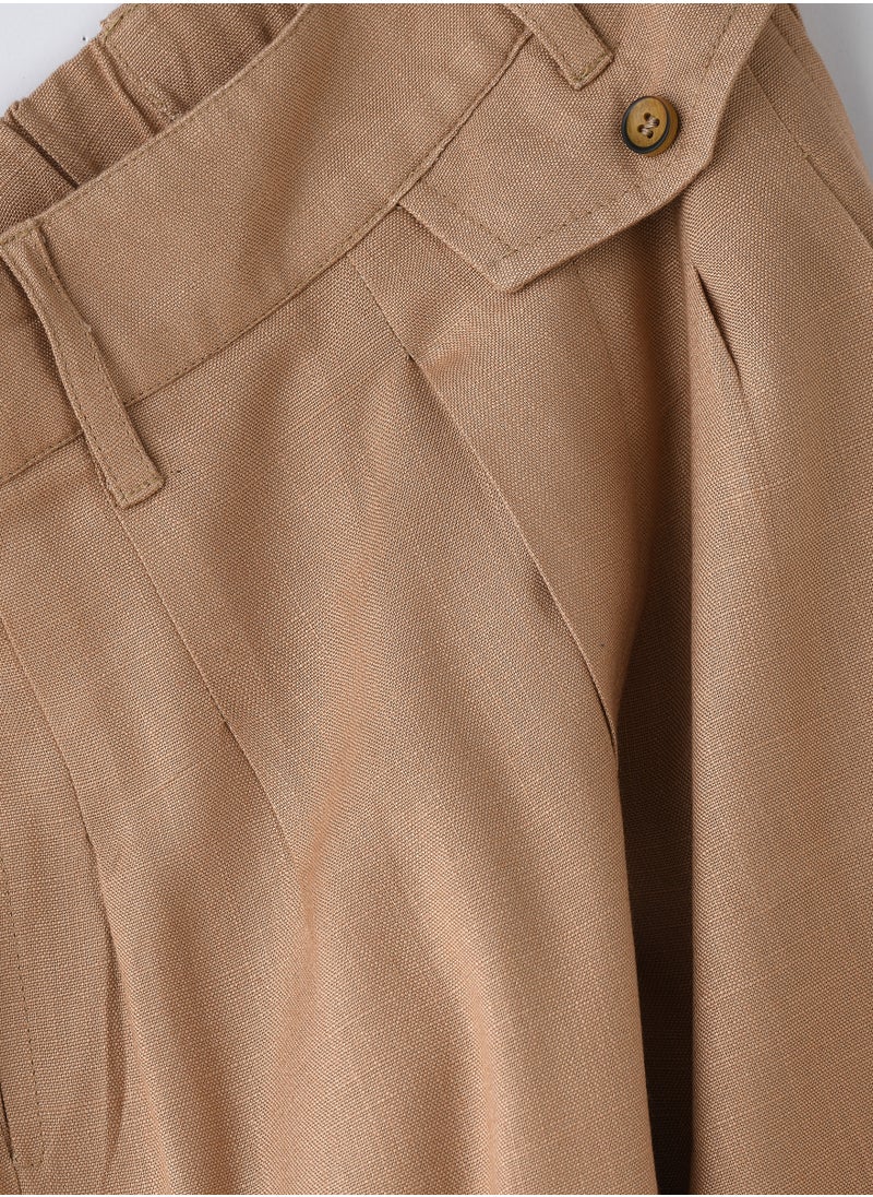 Girls' Pleated Beige Pants with Button Detail