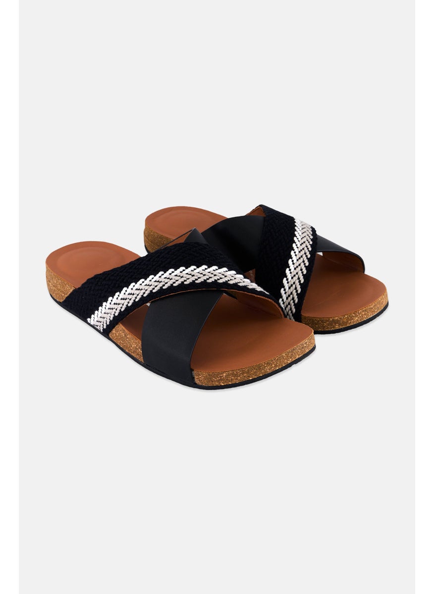Men Stripe-Webbing Leather Cross Slip On Slides, Black Combo