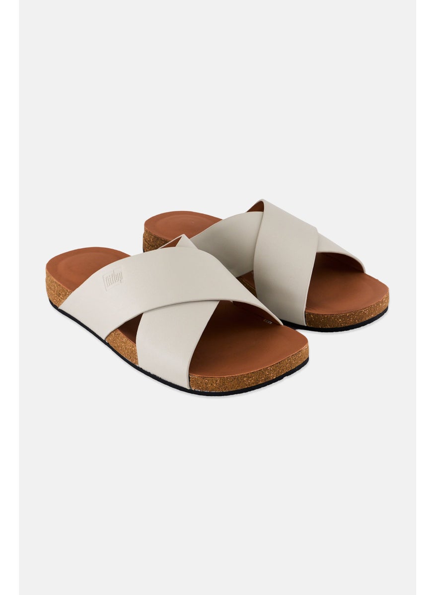 Men Iqushion Leather Cross Slip On Slides, Clay Grey
