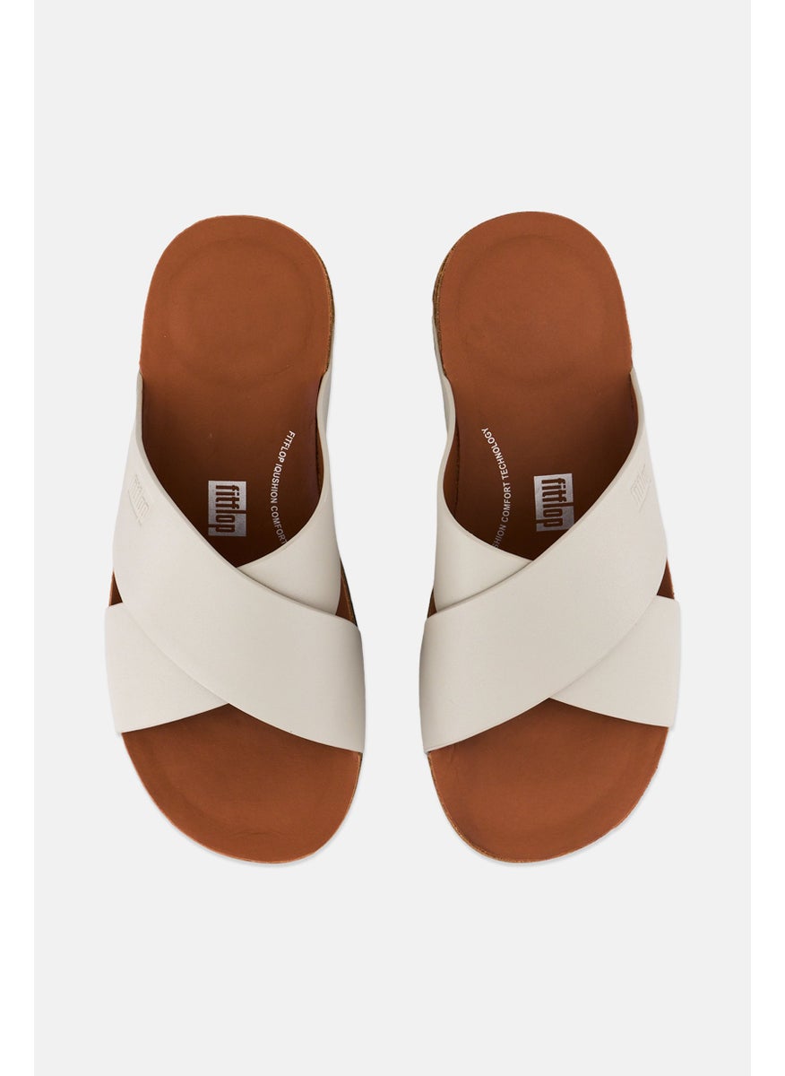 Men Iqushion Leather Cross Slip On Slides, Clay Grey