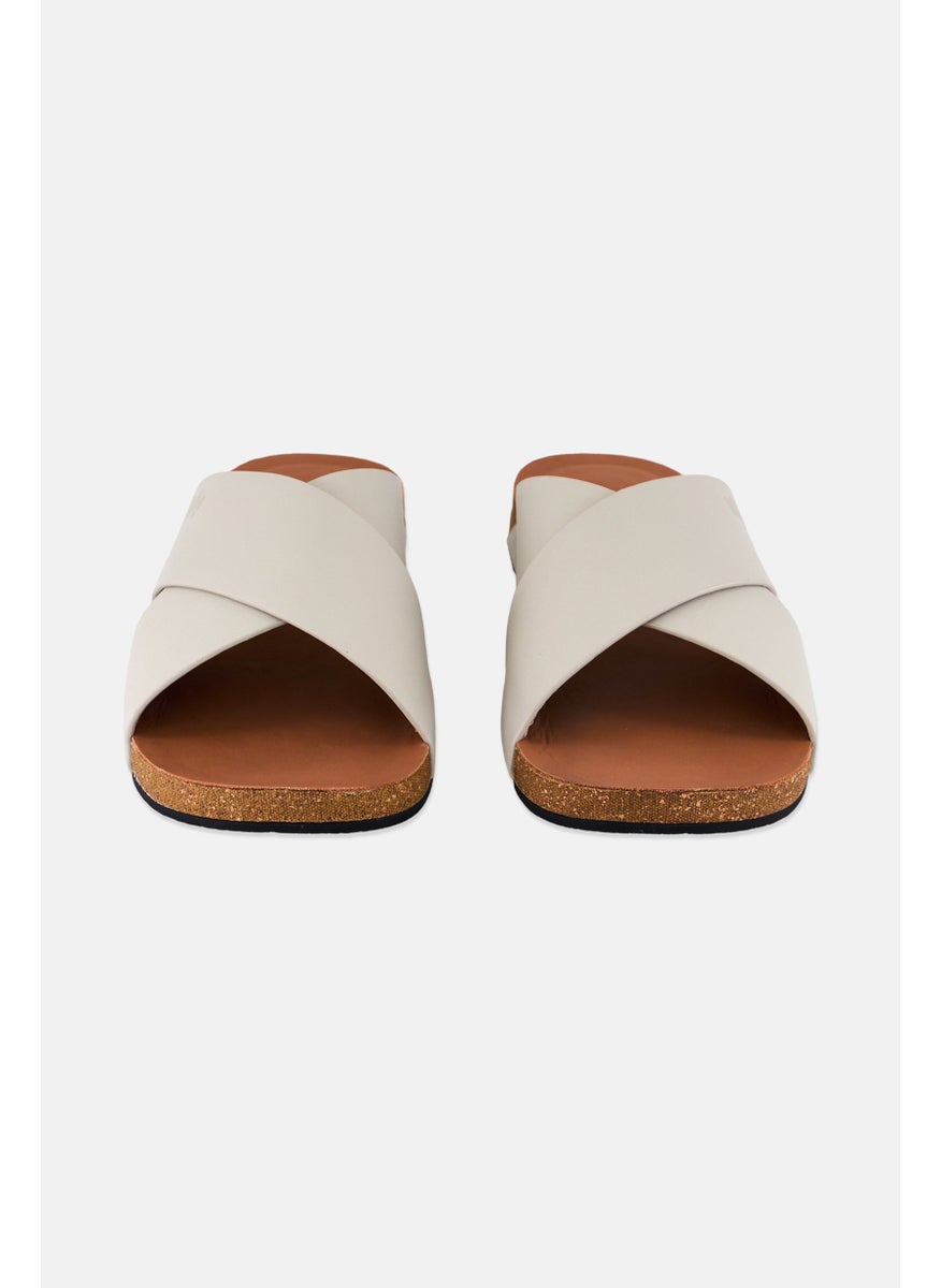 Men Iqushion Leather Cross Slip On Slides, Clay Grey