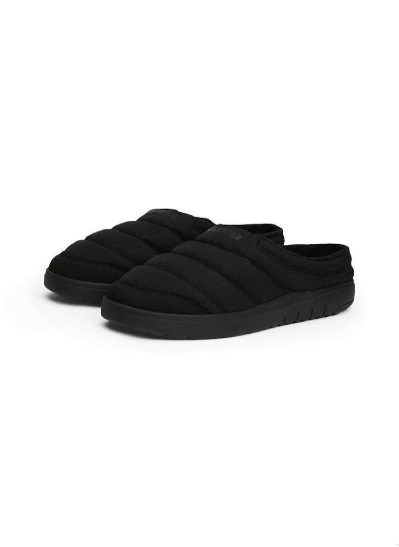 Men's Quilted Logo Slippers - Polyester, Black