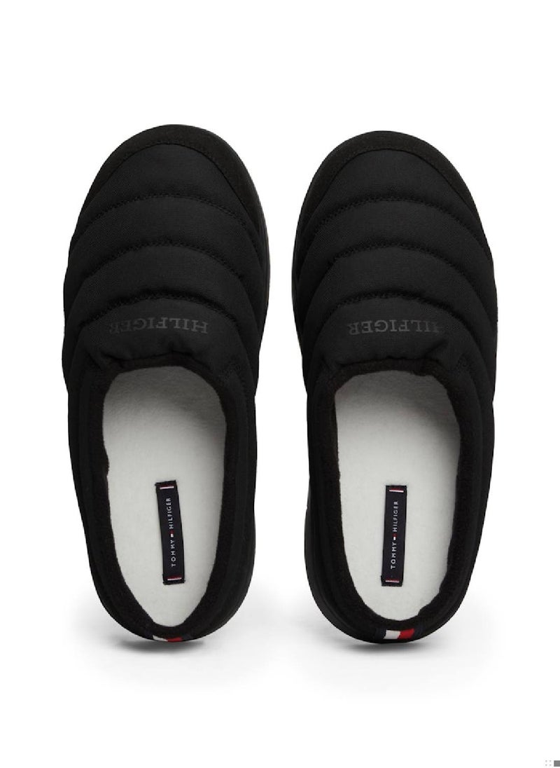 Men's Quilted Logo Slippers - Polyester, Black