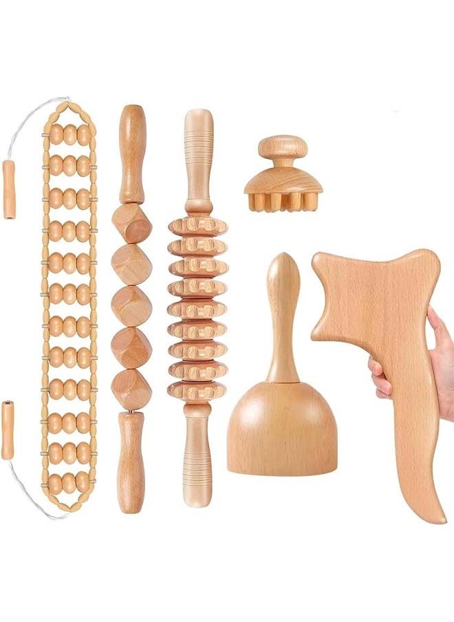 6 Piece Wooden Therapy Set Manual Wooden Fascia Massager for Cellulite Release Muscle Blasting Pain Relief Body Sculpting Tool